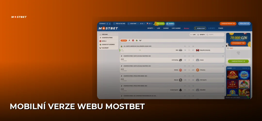 Mobilní verze webu Mostbet